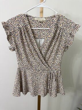 Monteau Cream Floral Wrap Peplum Top